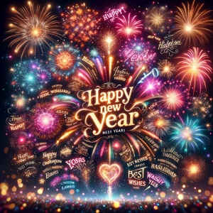 Image depicting a burst of colorful fireworks in the night sky with the words 'Happy New Year' and a variety of best wishes messages written in sparkl
