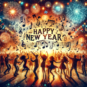 Image of a festive New Year's celebration with people dancing and enjoying music, with notes and titles of popular 'Happy New Year' songs floating