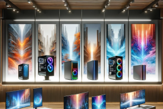 Image of a modern tech showroom with the top 10 desktop computers of 2023 on display, showcasing various models known for their power, design