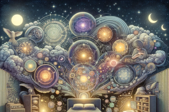 An intricate illustration that captures the multifaceted nature of sleep, showcasing its dynamic stages from light NREM to deep REM sleep