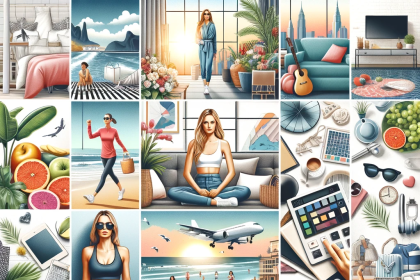 Collage of various lifestyle elements, including fitness, fashion, travel, and home decor, depicting a modern, healthy, and stylish way of living