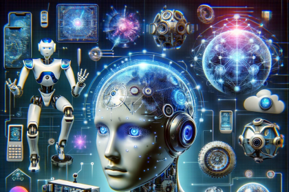 Futuristic image showcasing various aspects of technology, including advanced gadgets, AI robots, virtual reality headsets, and digital networks