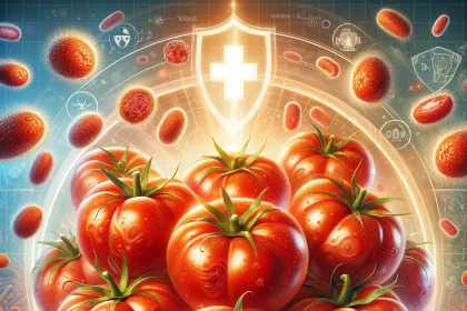 A detailed and vibrant illustration that showcases the antibacterial properties of tomatoes, highlighting their role in health and wellness