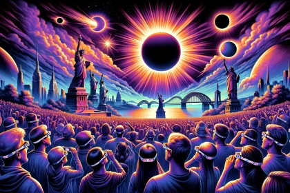A vibrant and detailed illustration that encapsulates the excitement and awe surrounding the 2024 Great North American Eclipse