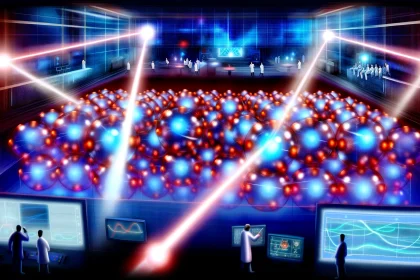 The illustration capturing the concept of laser cooling positronium within a futuristic laboratory setting is ready, highlighting this groundbreaking advancement in antimatter research