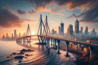 An artistic interpretation of Mumbai's skyline, including the iconic Bandra-Worli Sea Link bridge